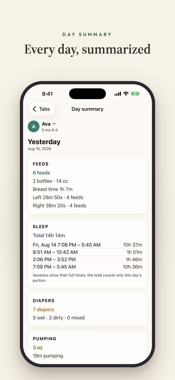 Day summary — yesterday's feeds, sleep sessions, diapers and pumping totalled on one screen