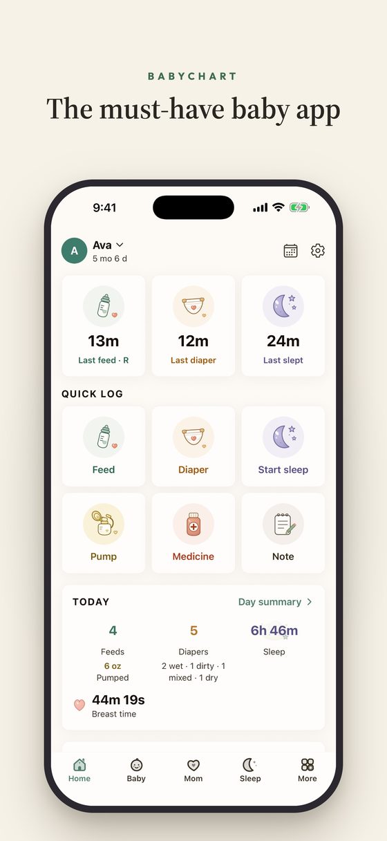 The BabyChart home screen — time since the last feed, diaper and sleep, over a six-button quick-log grid