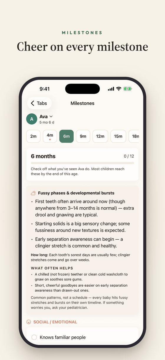 Milestones — the CDC six-month checklist alongside a card explaining fussy phases and what often helps