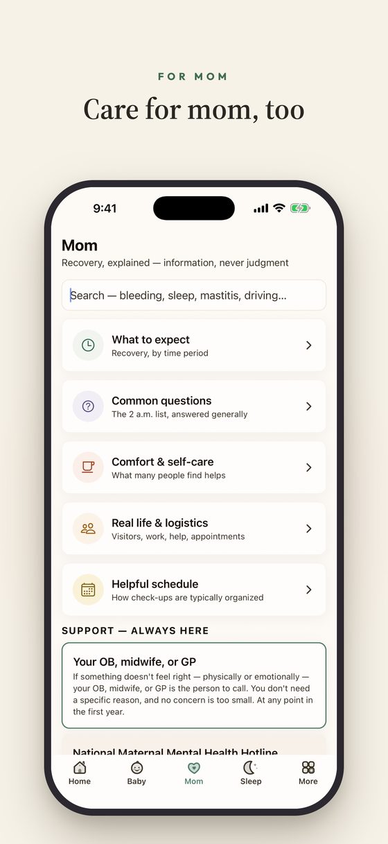 The Mom tab — postpartum recovery guides by topic, and support numbers that are always reachable