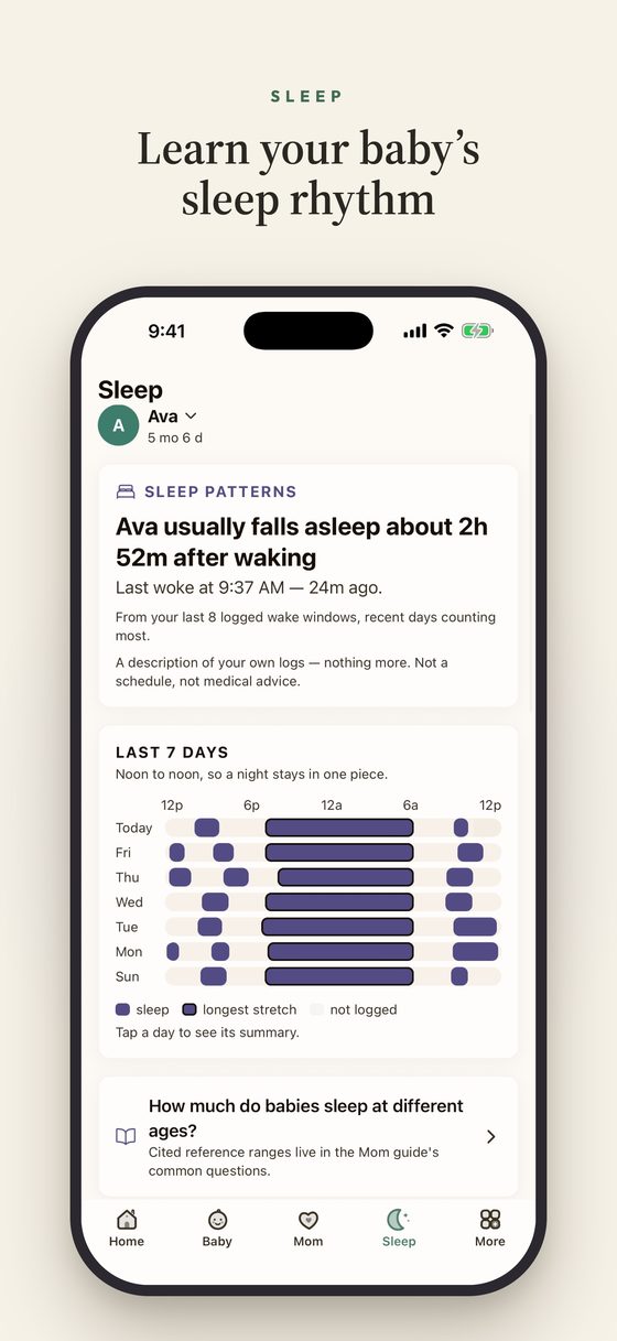 The Sleep tab — a wake-window prediction built from your own logs, and seven days of sleep on one chart