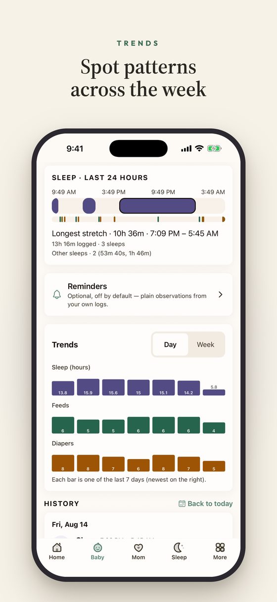 The Baby tab — sleep across the last 24 hours, and week-long trend bars for sleep, feeds and diapers